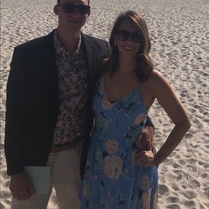 Blue floral print midi length dress